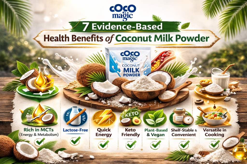 7 evidence-based health benefits of coconut milk powder such as rich in MCTs, lactose-free, keto-friendly, plant-based, and versatile for cooking.
